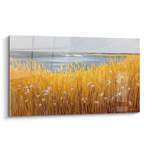 Cuadro de pradera dorada con espigas y flores blancas con horizonte gris azul - Campo de otoño - Edición Gramíneas