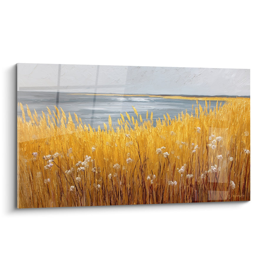 Tableau prairie dorée aux épis et fleurs blanches avec horizon gris-bleu - Champ d'automne - Edition Graminées
