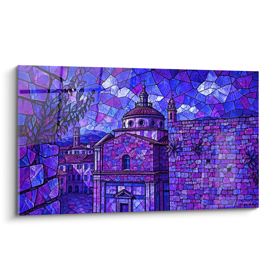 Tableau Église italienne en vitrail violet et bleu - Éclats de crépuscule - Edition Prato Toscane Italie
