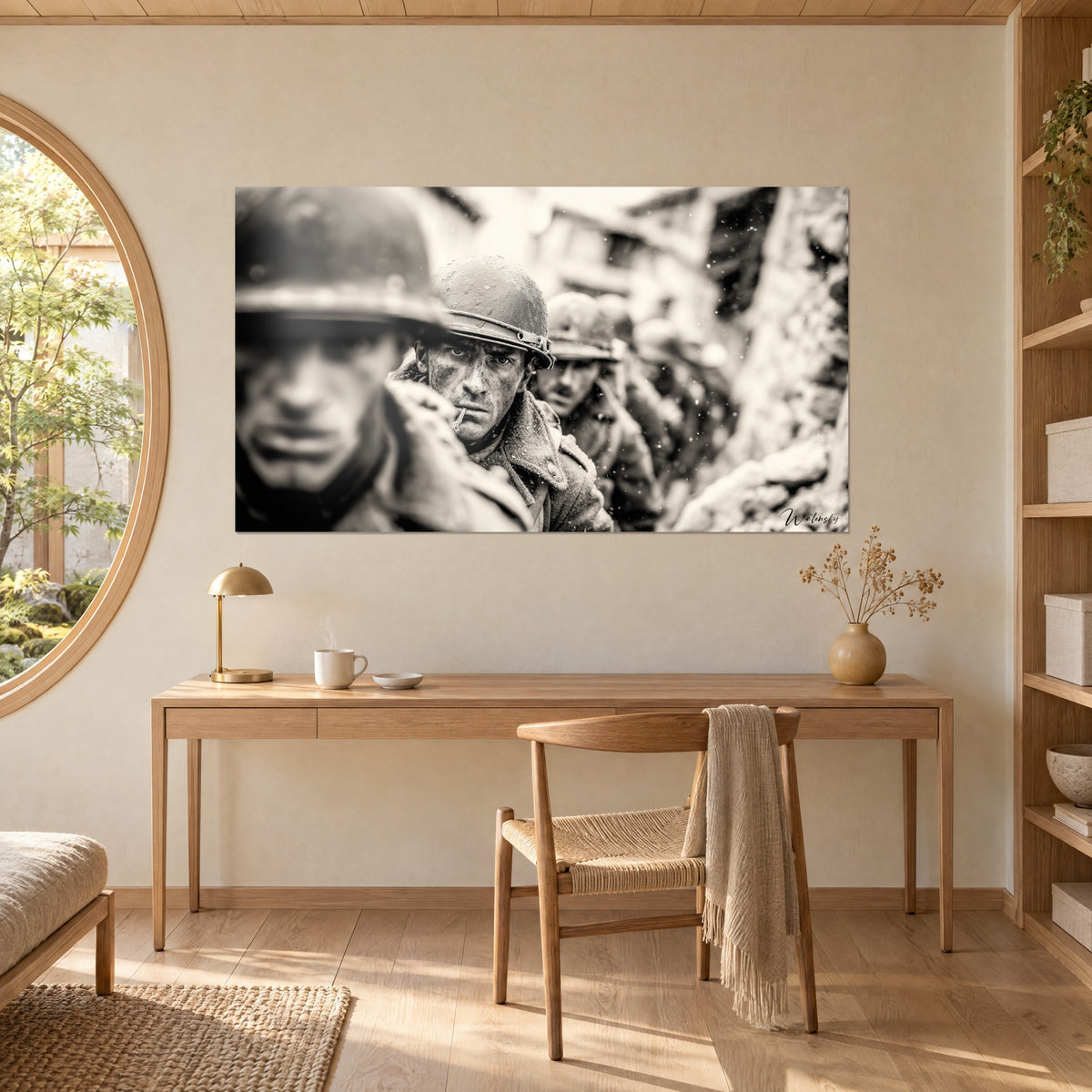 Cuadro retrato de combatiente con abrigo militar, casco con correa, copos de nieve suspendidos, sepia en blanco y negro, sobre un escritorio de madera clara