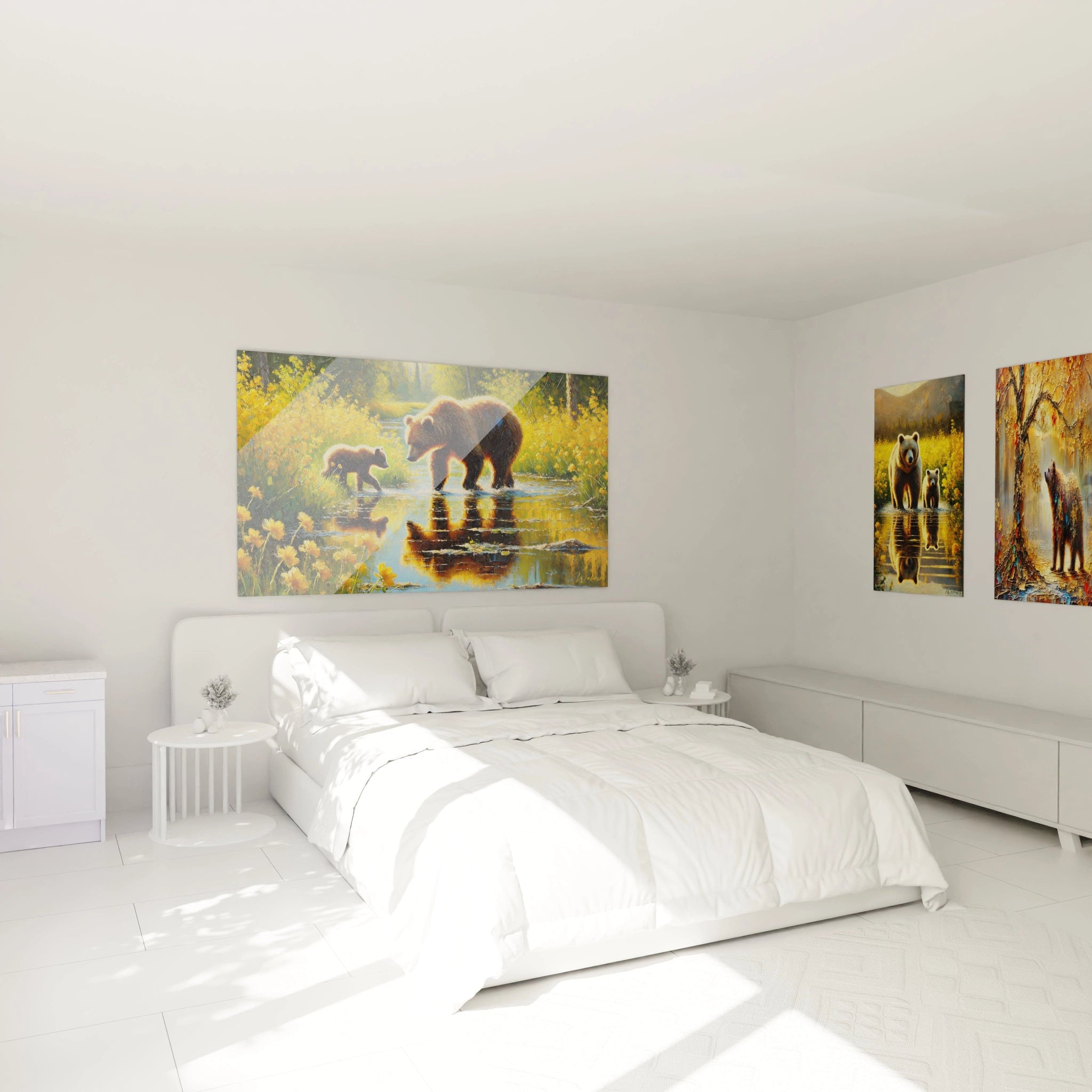 Accroché au-dessus du lit, ce tableau ours brun apporte chaleur et sérénité à la chambre, capturant un moment de calme entre une mère et son petit dans la nature sauvage.

