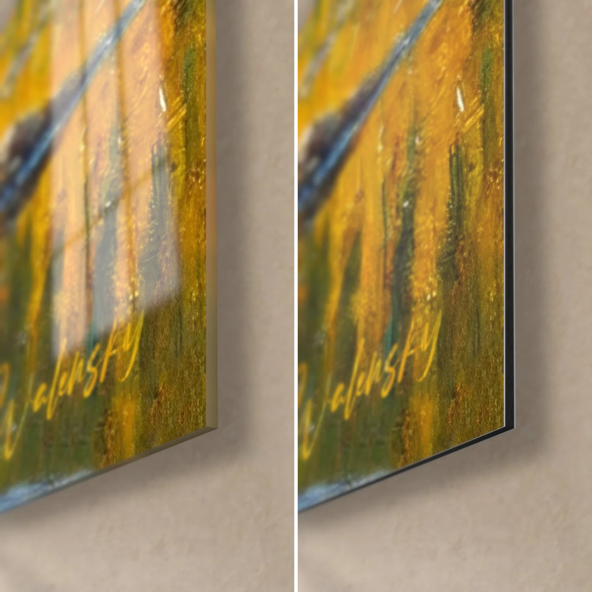 Quadro orso bruno e cucciolo, angolo in basso a destra: vetro acrilico lucido con riflessi ambrati, alluminio Dibond nero opaco, bordo da 3 mm