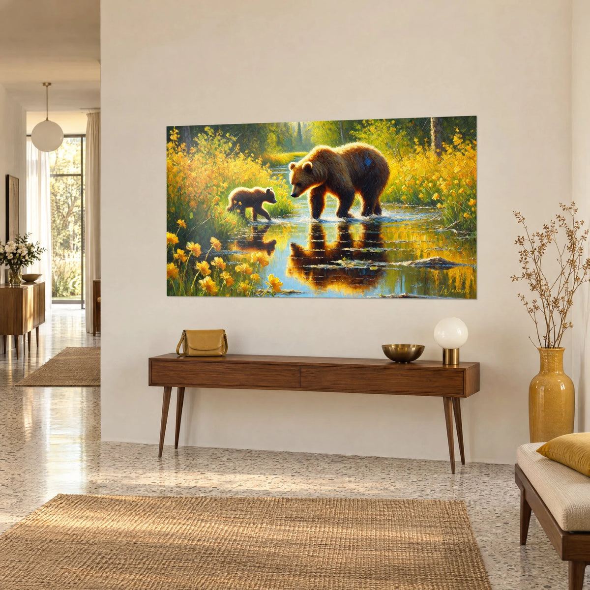 Quadro grizzly e il suo piccolo che guadano nell'acqua limpida, ranuncoli gialli e azzurro cielo, su una console di legno