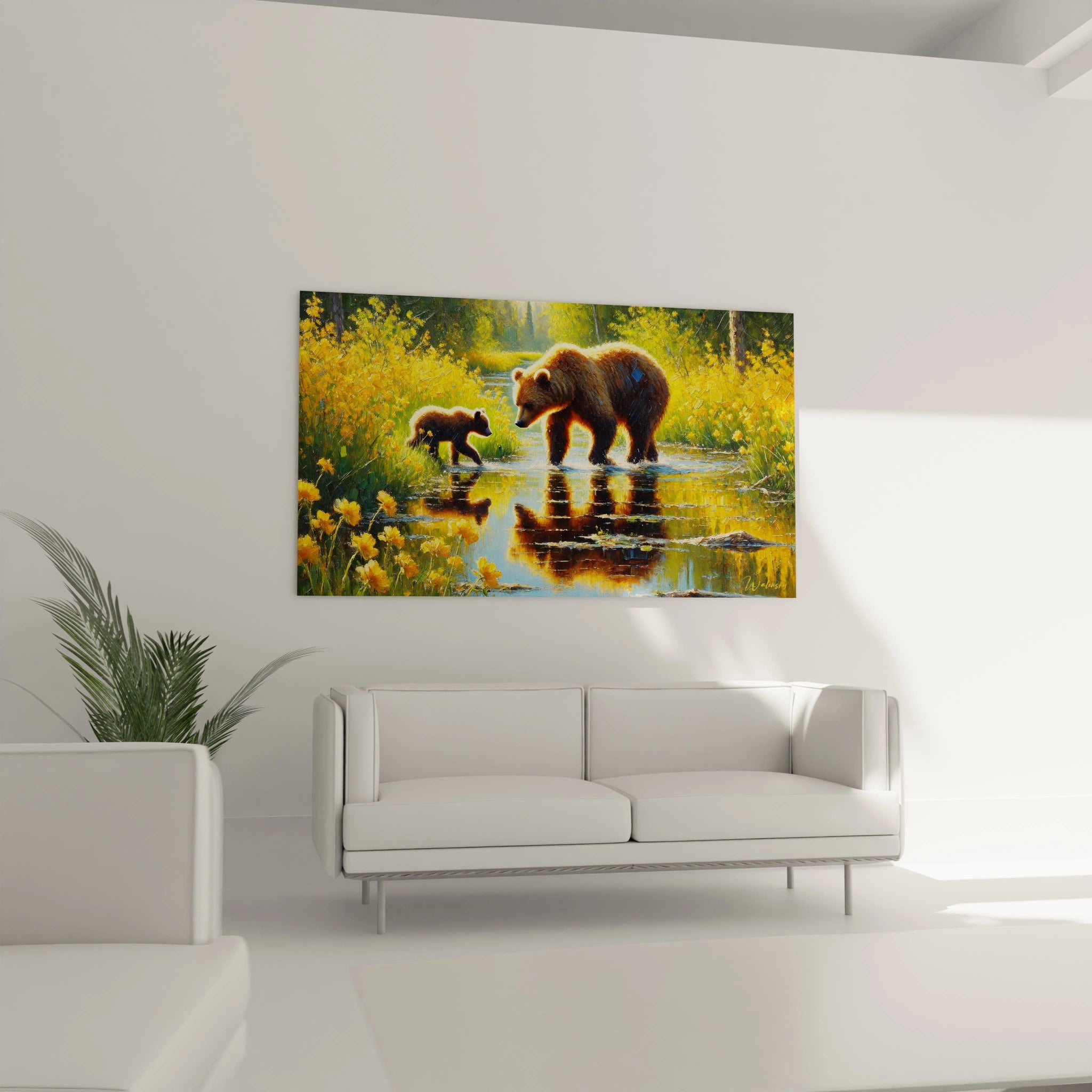 Ce tableau ours brun placé au-dessus du canapé transforme le salon en un espace accueillant, idéal pour se reconnecter avec la beauté et la douceur de la nature sauvage.

