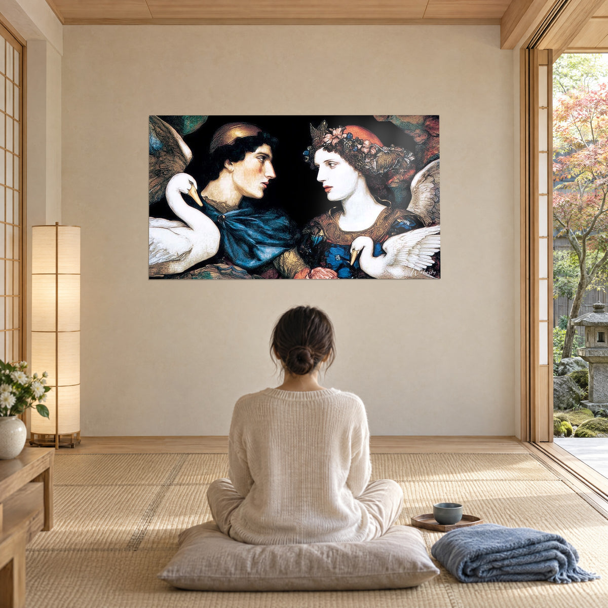 Cuadro amantes prerrafaelitas mirándose a los ojos, drapeado azul celeste, plumaje blanco, mujer sentada en meditación sobre un cojín gris