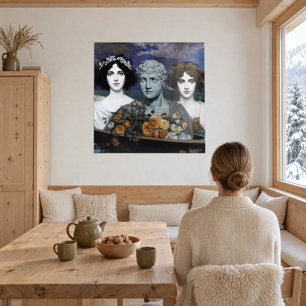 Cuadro de una barca florida que lleva un busto antiguo, dos miradas ámbar, cielo de tormenta azul noche, frente a una mesa de madera de chalet