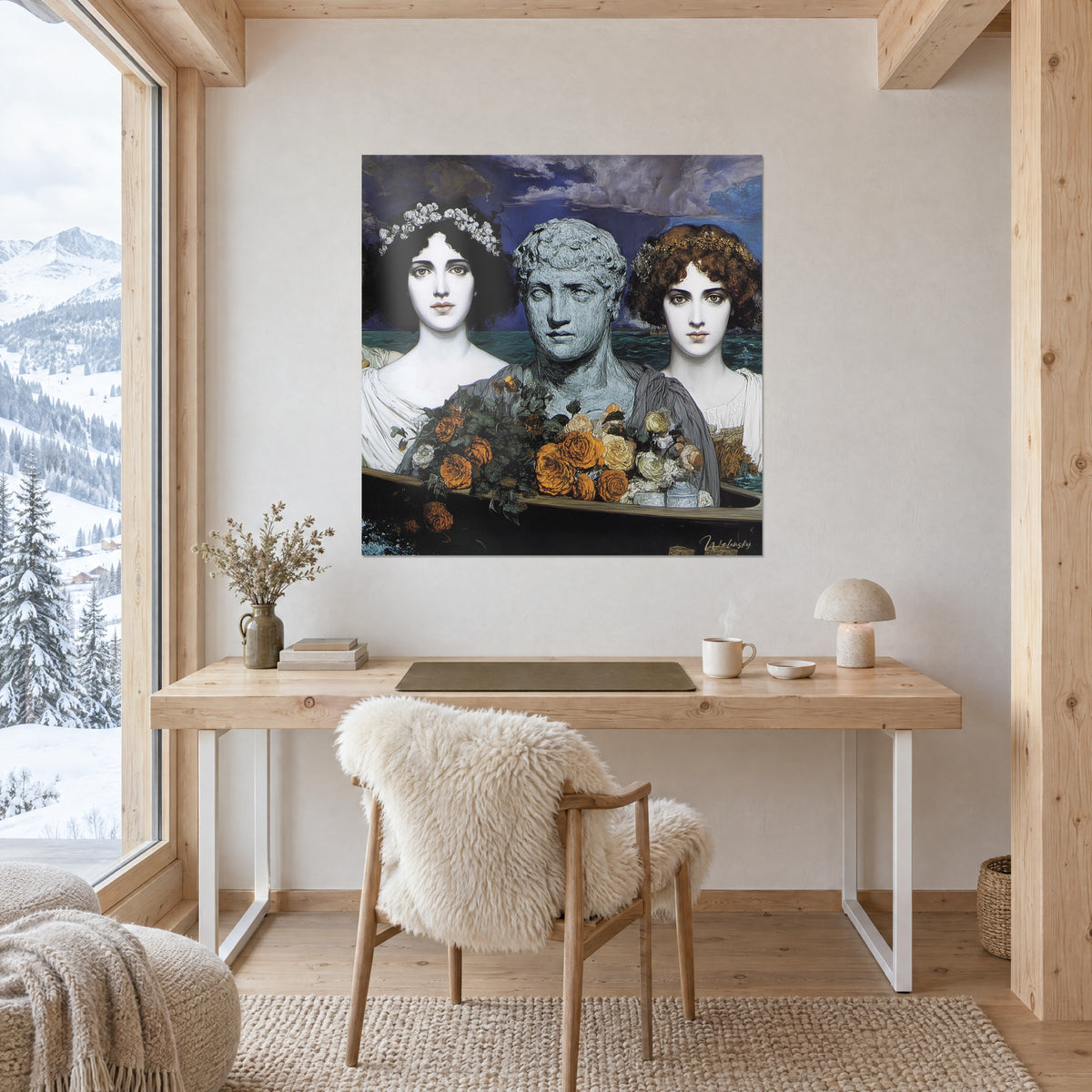 Cuadro retrato de estatua gris azulada velada por dos mujeres de ojos dorados, mar verde, sobre un escritorio de madera clara