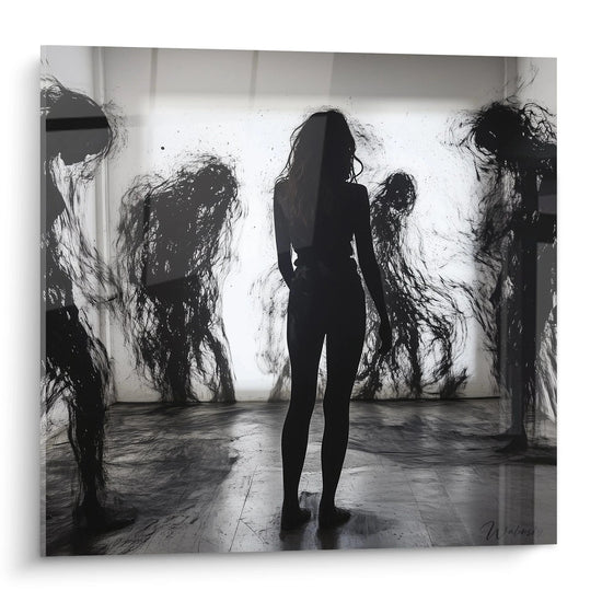 Tableau silhouette féminine sur fond blanc avec explosions d'encre noire, créant un contraste dramatique entre la forme humaine définie et les projections chaotiques environnantes sur un sol réfléchissant.
