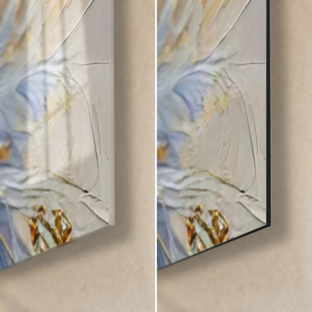 Gemälde Reiher in pastoser Malweise, untere rechte Ecke: glänzendes Acrylglas und matte Alu-Dibond-Platte, hellblaue Federn und goldene Blätter