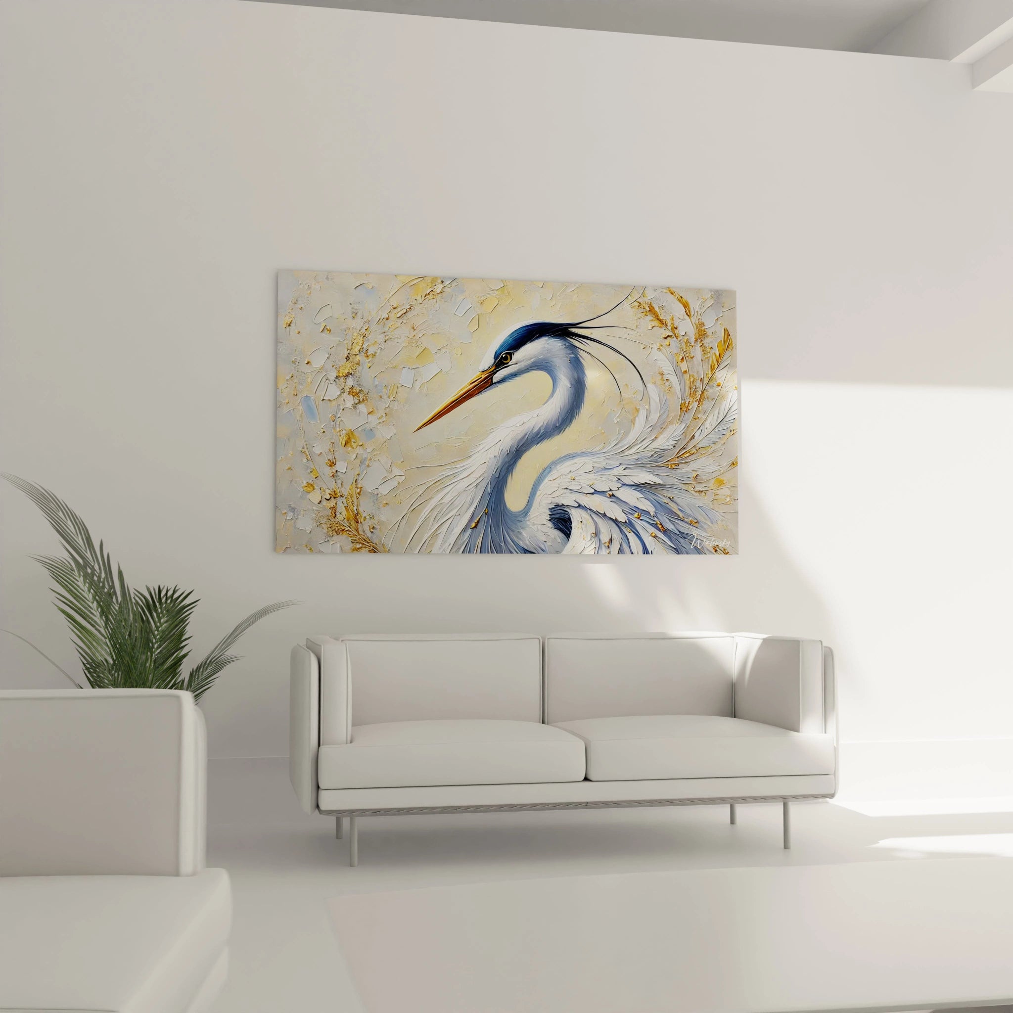 Dans un salon au-dessus d un canape le tableau heron devient un point focal Ses tons blanc or et gris s harmonisent parfaitement avec une decoration contemporaine et epuree

