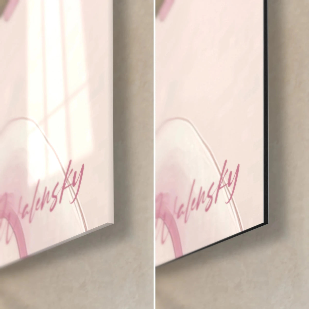 Wall art young sovereign with closed eyes, lower right corner: glossy glass on the left, matte black aluminum Dibond on the right, pink signature