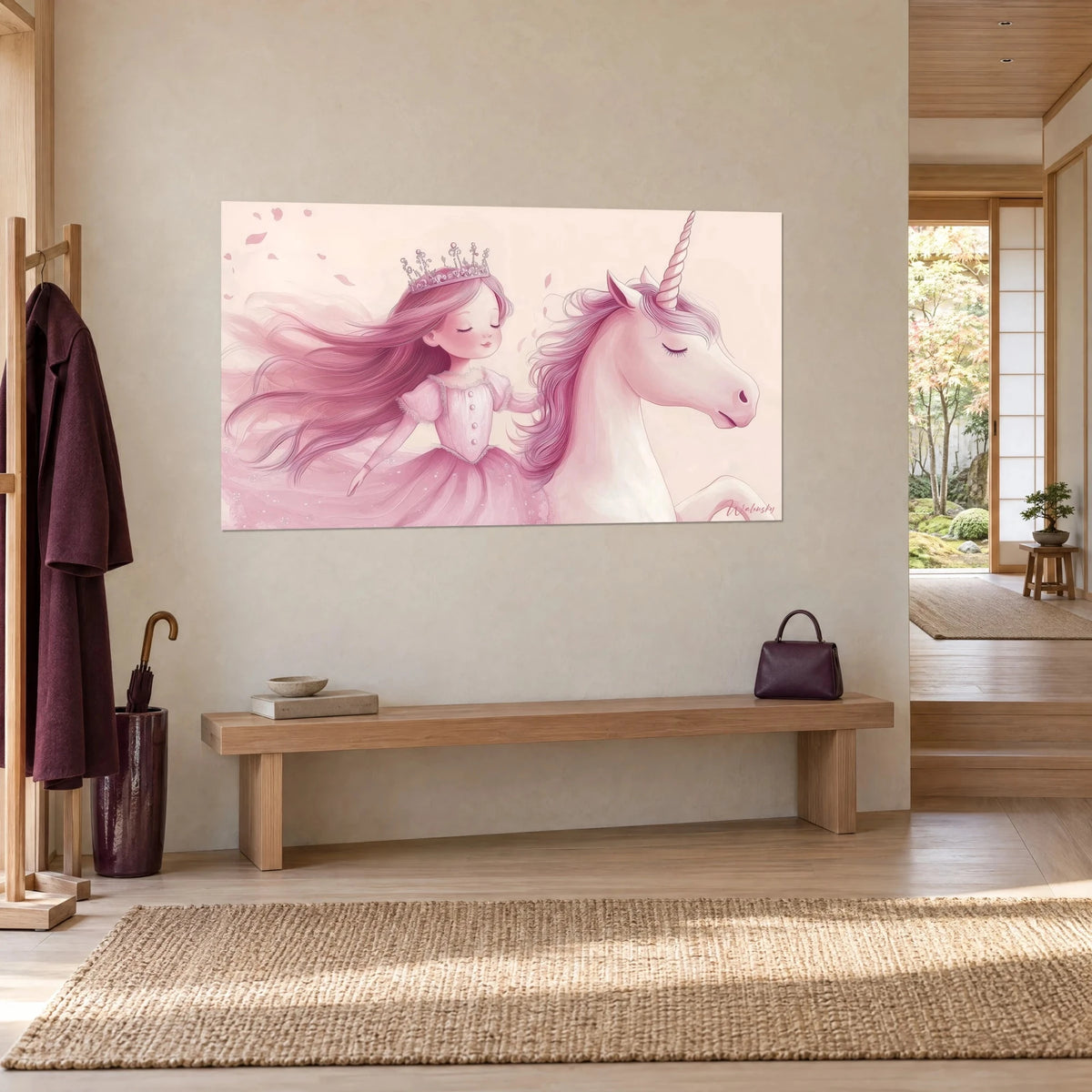 Wall art ivory unicorn with a pink mane and a little girl in a tulle dress, petals floating over a peach background, beige japandi entryway wall