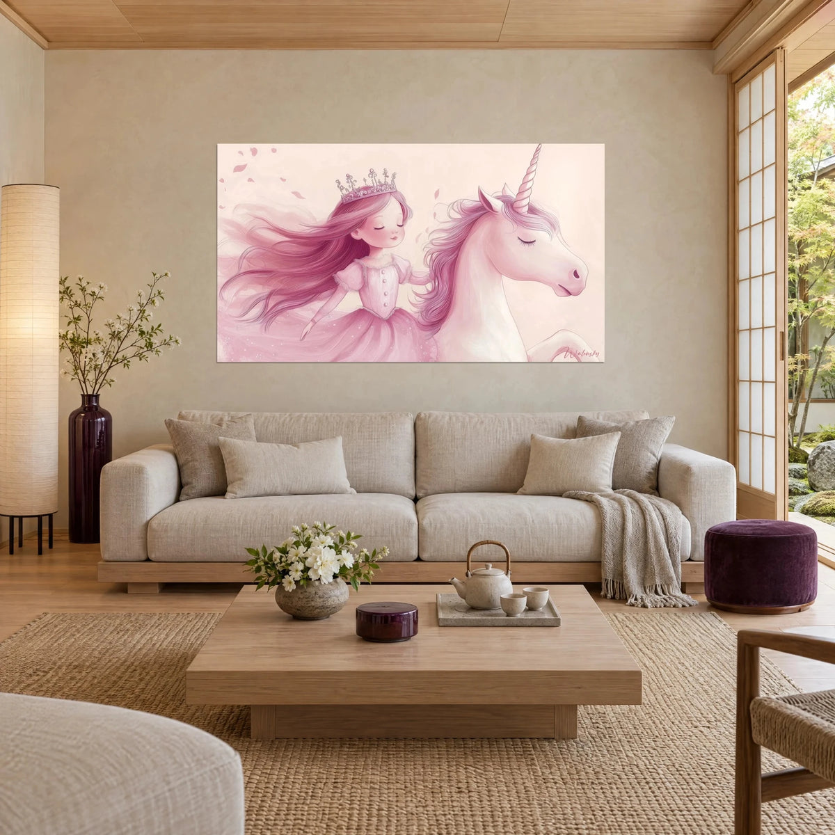 Wall art princess with a crown and long lavender hair beside a white unicorn, powder pink background, above a sofa in a bright living room