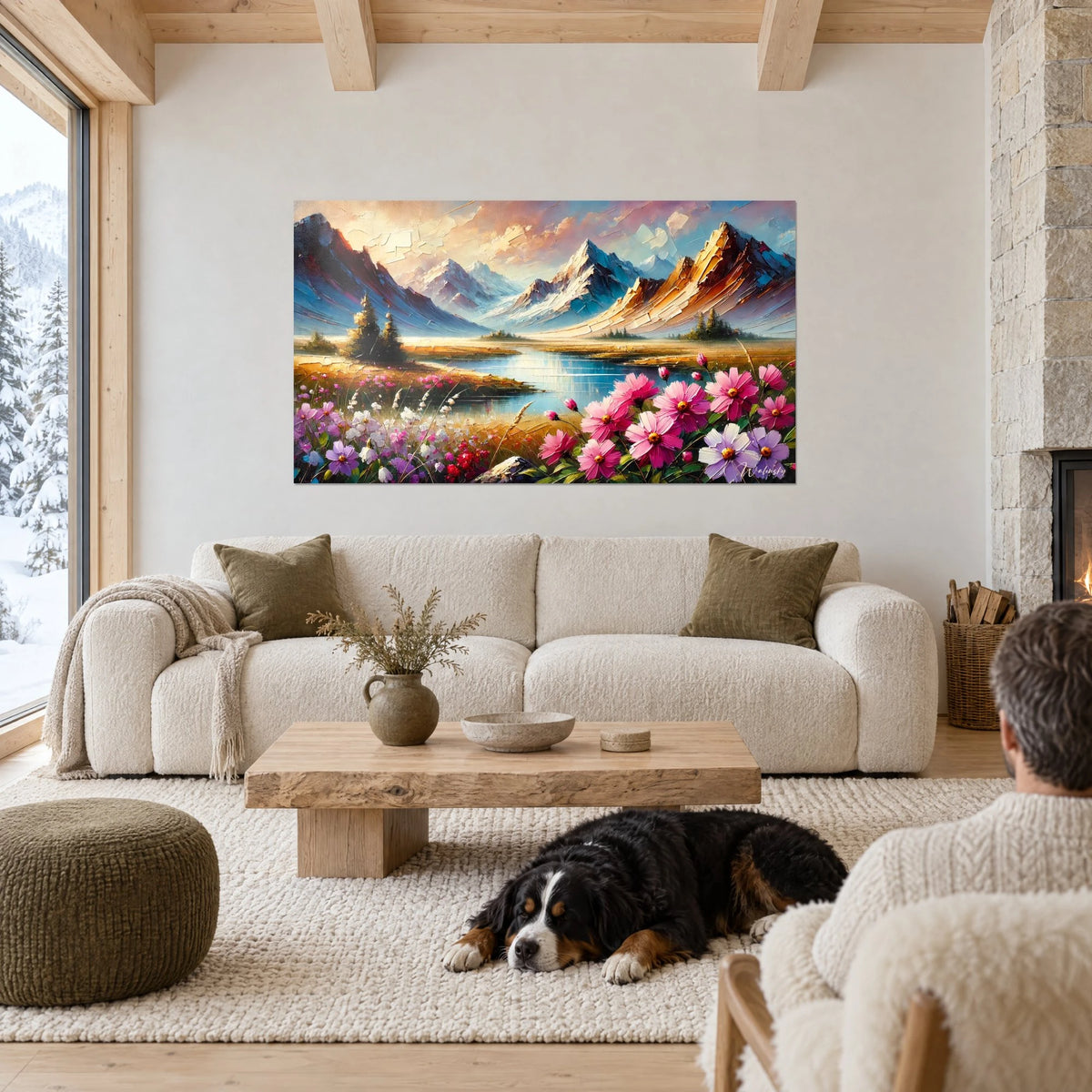 Wall art snow-capped peaks with golden flanks and a turquoise lake, thick-textured pink flowers, above a sofa in a bright living room
