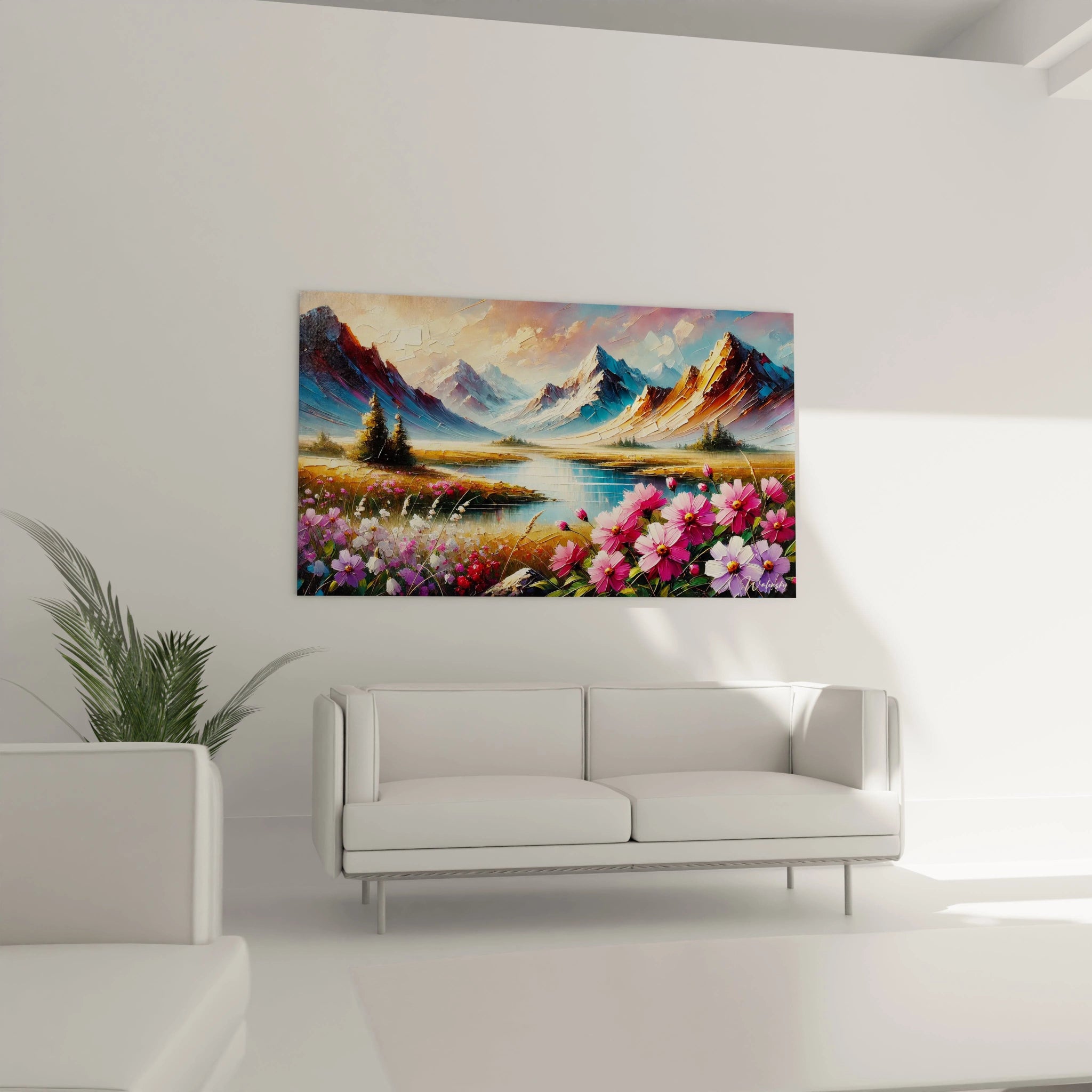 Transformez votre salon avec le tableau Montagne. Accroché au-dessus du canapé, il apporte une touche de couleur et de sérénité à votre espace de vie.

