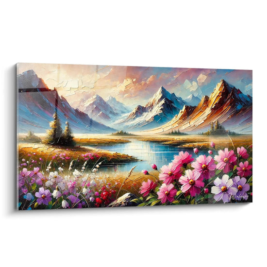 Entdecken Sie das Gemälde Berg, eine Huldigung an die Natur. Bewundern Sie die majestätischen Gipfel und leuchtenden Blüten, eine perfekte Mischung aus Kraft und Zartheit.


