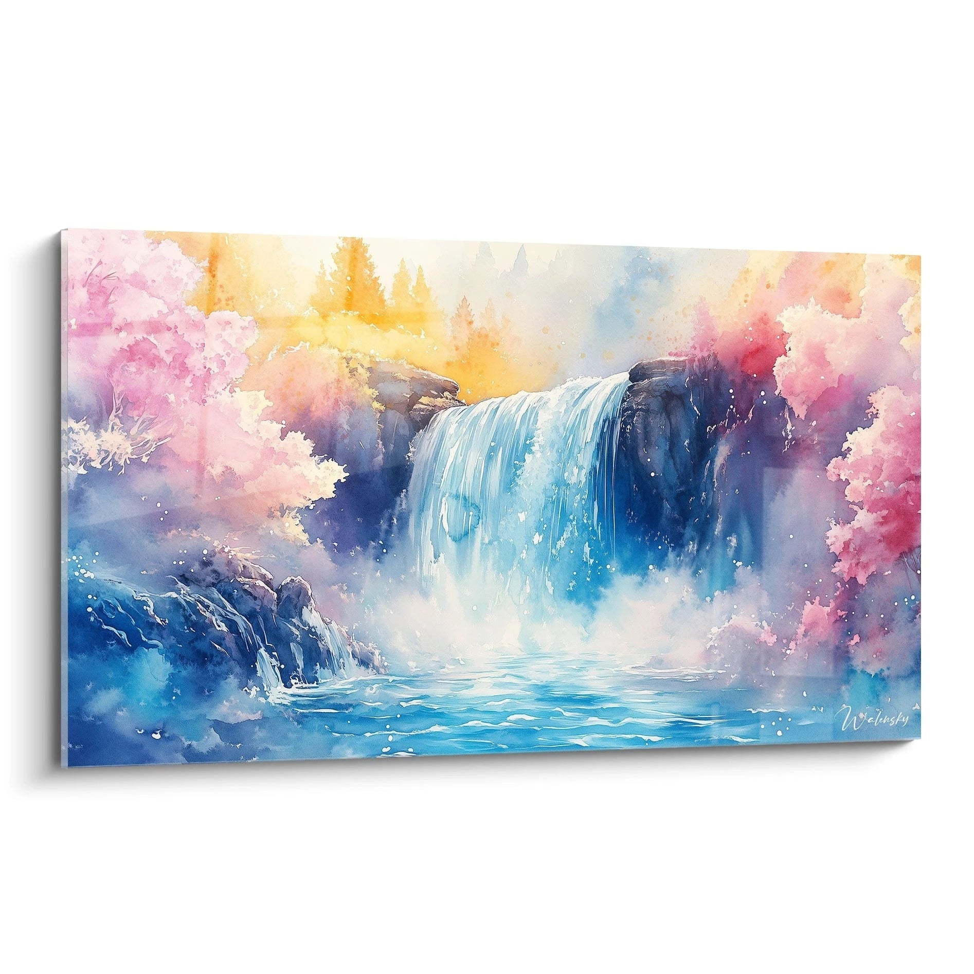 Un tableau cascade représentant une chute d'eau cristalline au centre, entourée d'une végétation aux tons rose et jaune vaporeux. Les textures aquarelles créent un effet éthéré avec des éclaboussures blanches et des transitions douces entre les couleurs bleu, rose et jaune.
