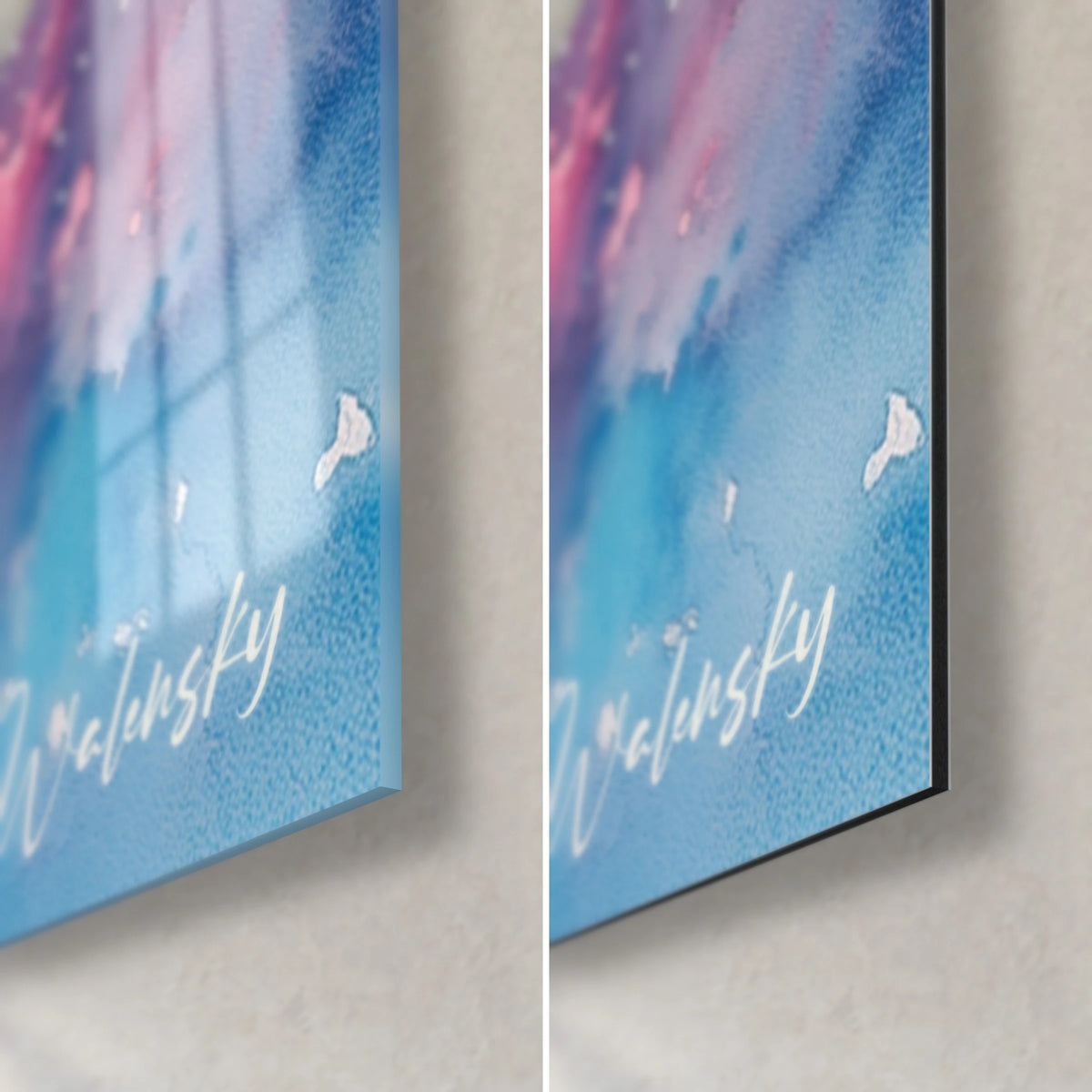 Wall art watercolor waterfall, bottom right corner: glossy acrylic glass on the left, matte black Dibond aluminum on the right, blue splashes