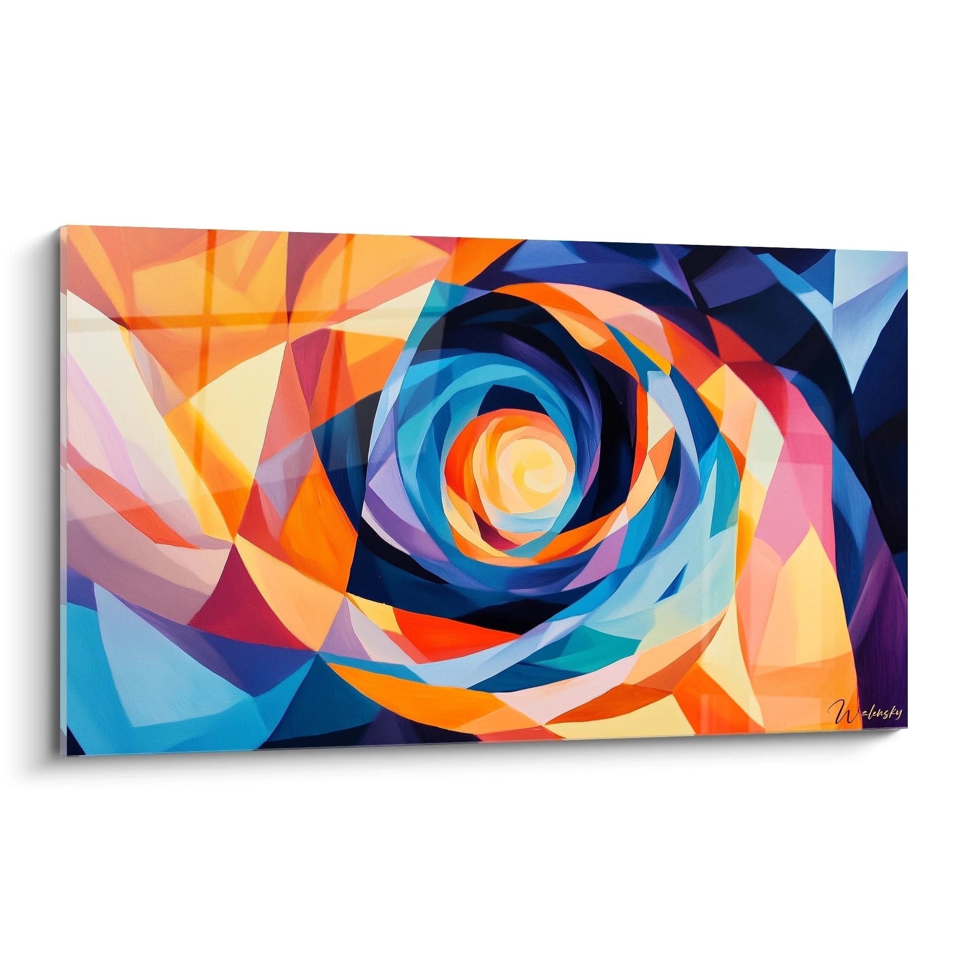 Un tableau abstrait spirale composé de formes géométriques triangulaires aux couleurs vives, formant un motif tourbillonnant qui converge vers un centre lumineux. Les teintes bleues, oranges et turquoise créent un contraste dynamique sur cette œuvre aux surfaces lisses.
