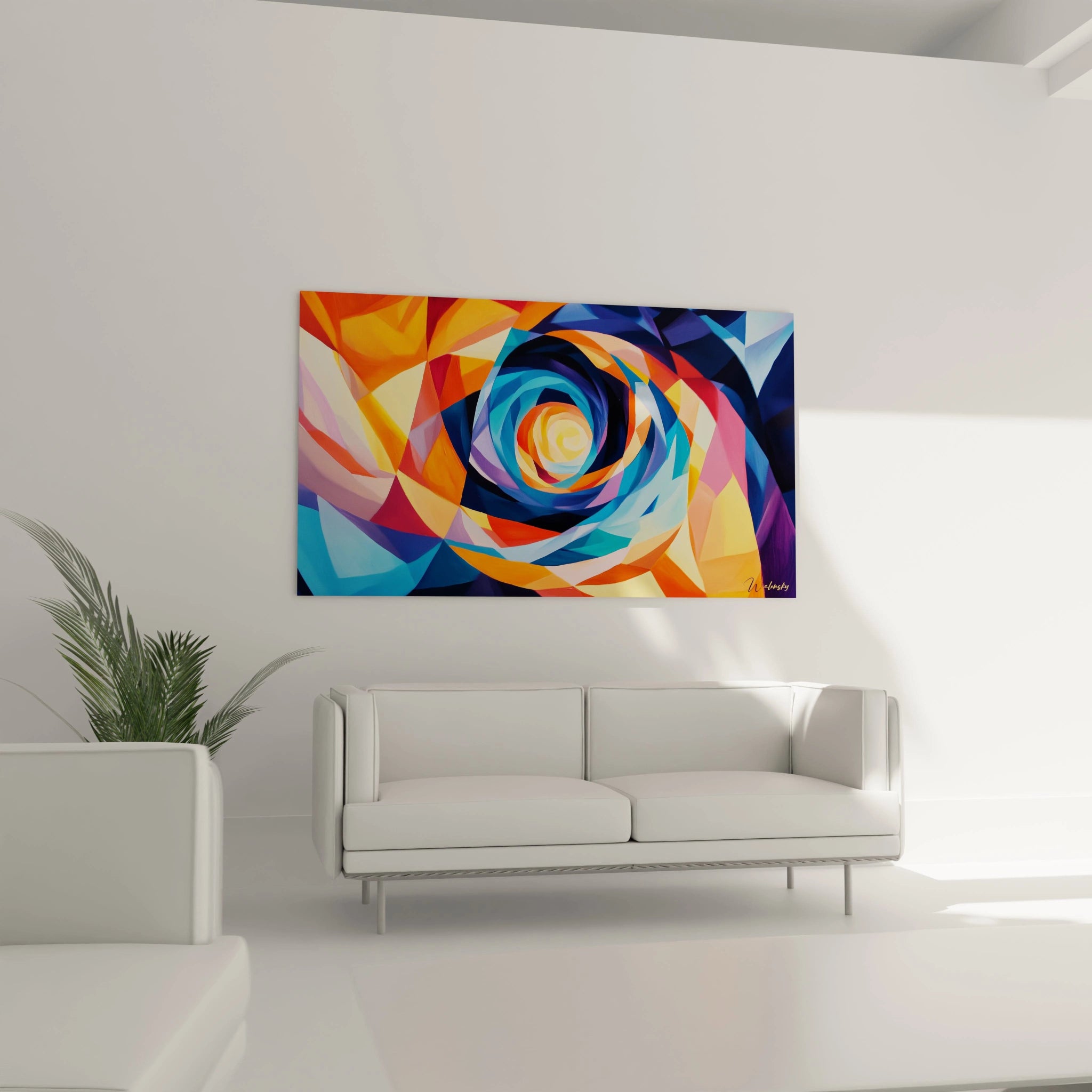 Un tableau abstrait spirale utilisant la fragmentation géométrique pour créer un effet de rotation. Des segments triangulaires aux couleurs contrastées - oranges chaleureux, bleus froids et touches de turquoise - s'organisent en cercles concentriques autour d'un point central clair.
