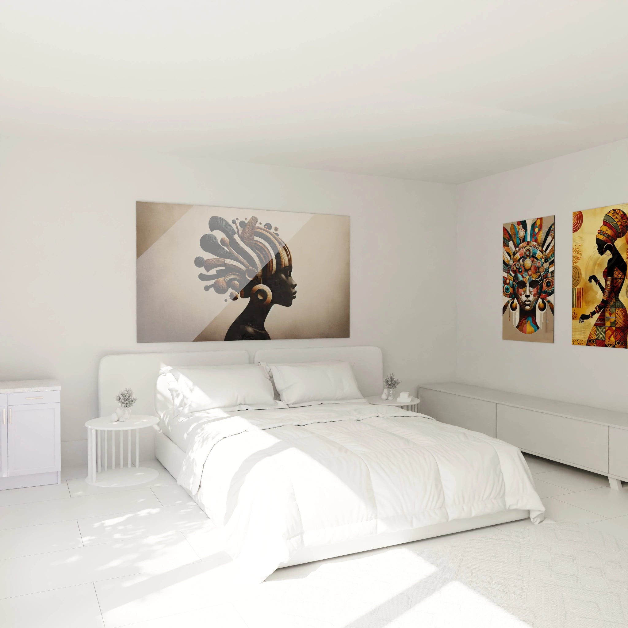 Tableau africain accroché au mur au-dessus du lit dans une chambre. Les formes circulaires et géométriques créent une ambiance sereine, et les teintes marron et beige ajoutent chaleur et élégance.

