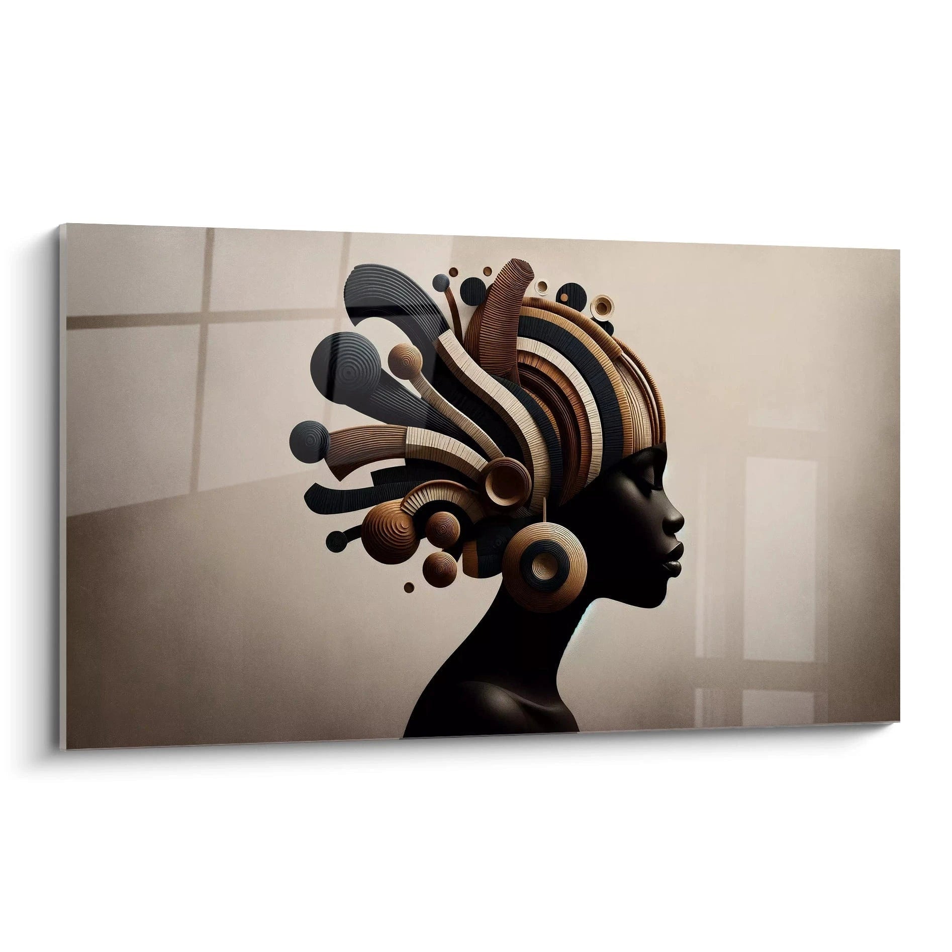 Tableau africain vu de biais, mettant en avant les formes géométriques et les lignes épurées. La palette marron, beige et noir capte la beauté des traditions africaines à travers des textures sculpturales.

