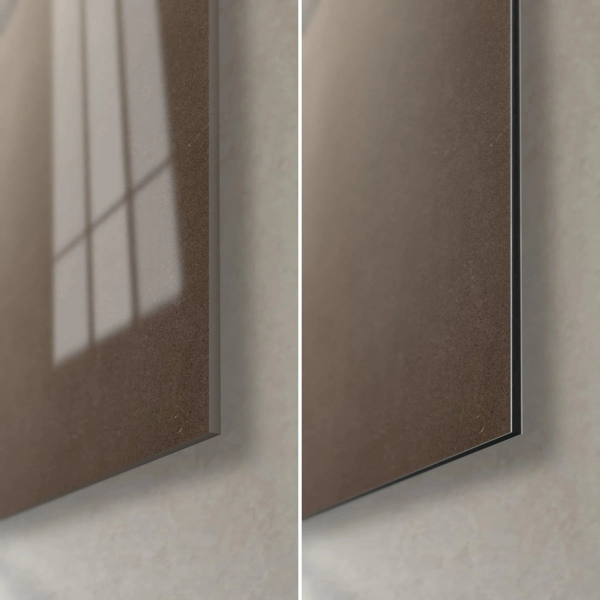Gemälde Ebenholzporträt, untere rechte Ecke: glänzendes Acrylglas mit Reflexen links, matt braunes Alu-Dibond rechts, 3 mm Kante