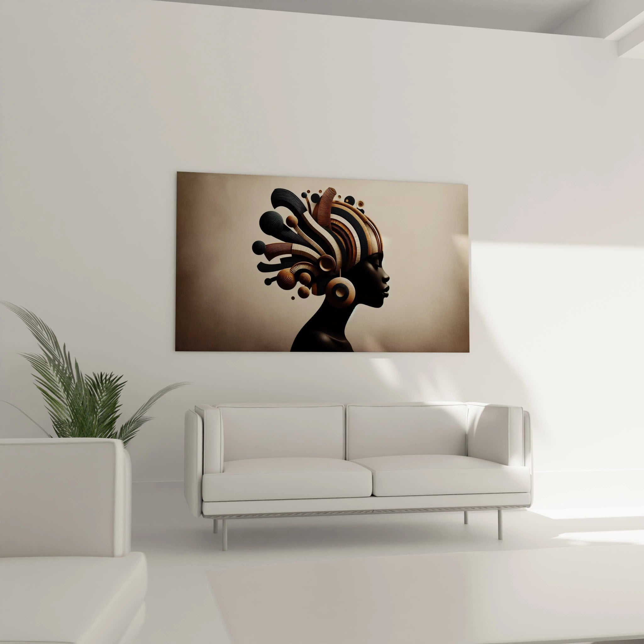 Tableau africain suspendu au-dessus du canapé dans un salon. La composition minimaliste de motifs géométriques et de teintes naturelles (marron, beige, noir) évoque la culture et la beauté africaine.

