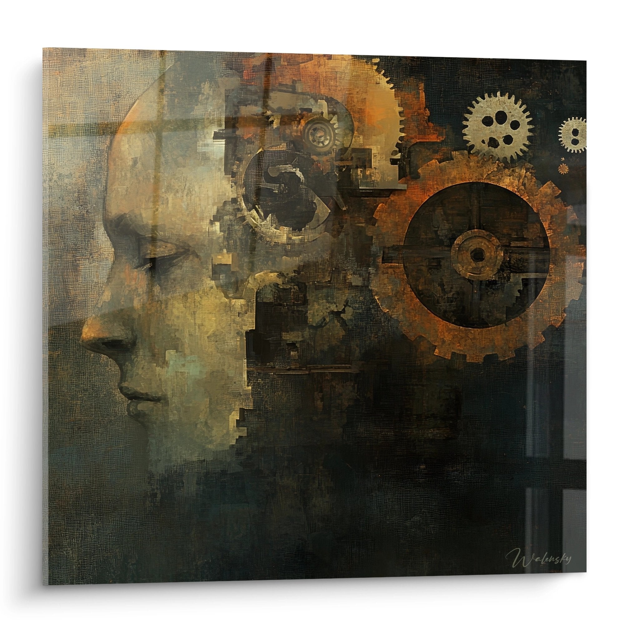 Tableau mural profil humain mécanique avec engrenages industriels style cybernétique steampunk