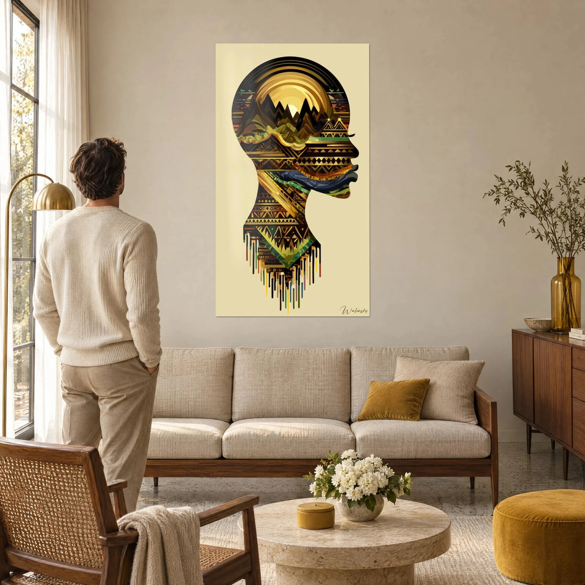 Gemälde Kopfsilhouette im stilisierten Stil mit ockerfarbenen und goldenen Mustern, Sonne über Bergen, Mann von hinten, über einem Sofa in einem hellen Wohnzimmer