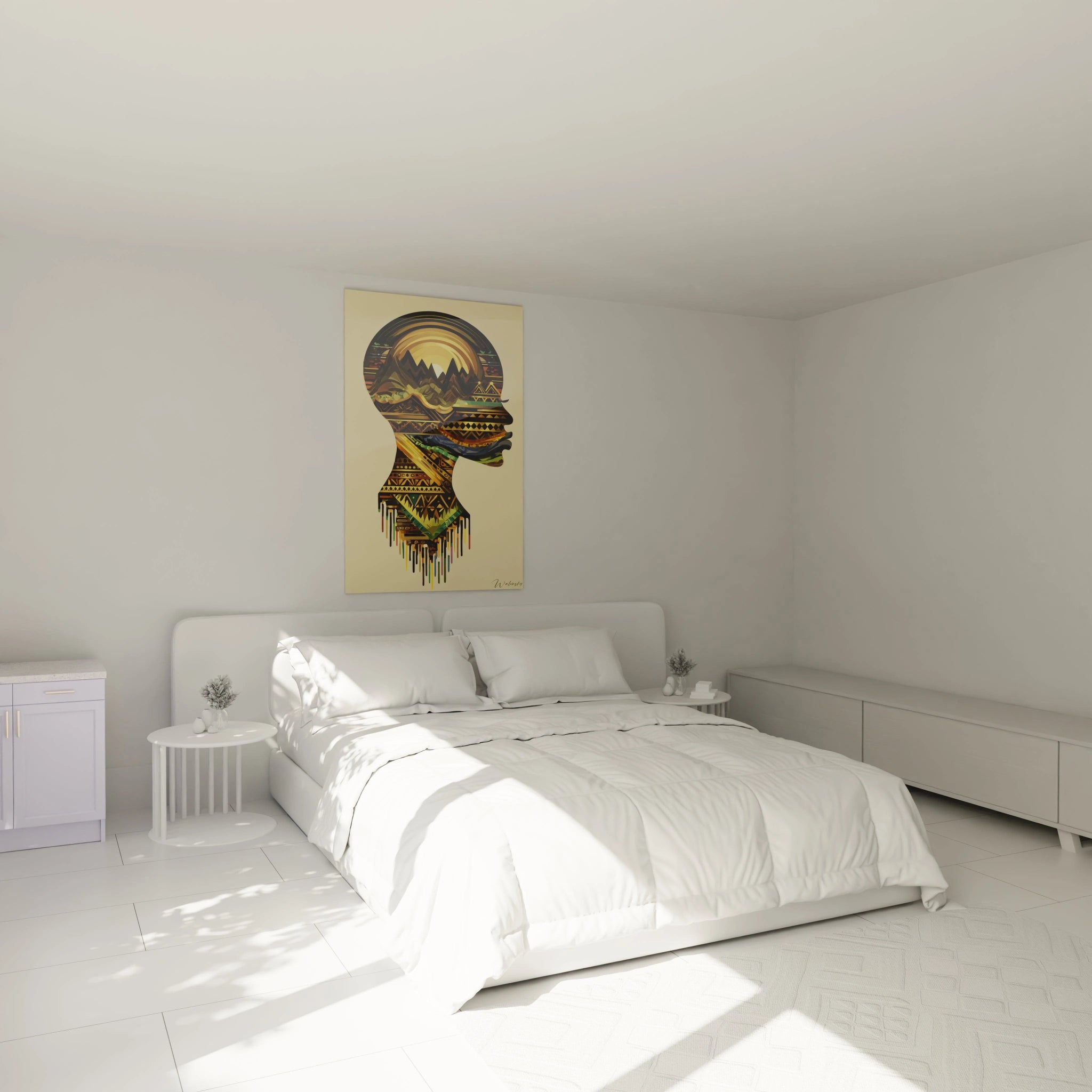 tableau art tribal moderne Walensky accroché au dessous d un lit dans une chambre minimaliste blanche