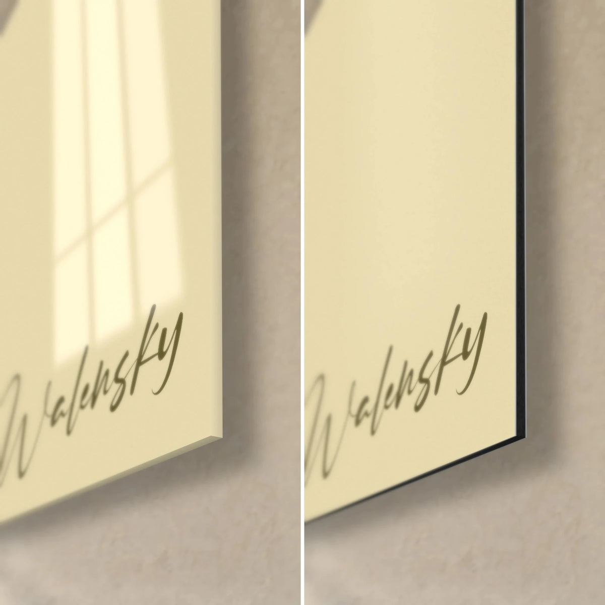 Gemälde Gesichtsprofil mit goldenen Stammesmustern, untere rechte Ecke: glänzendes Glas links, mattes schwarzes Dibond rechts, Signatur Walensky