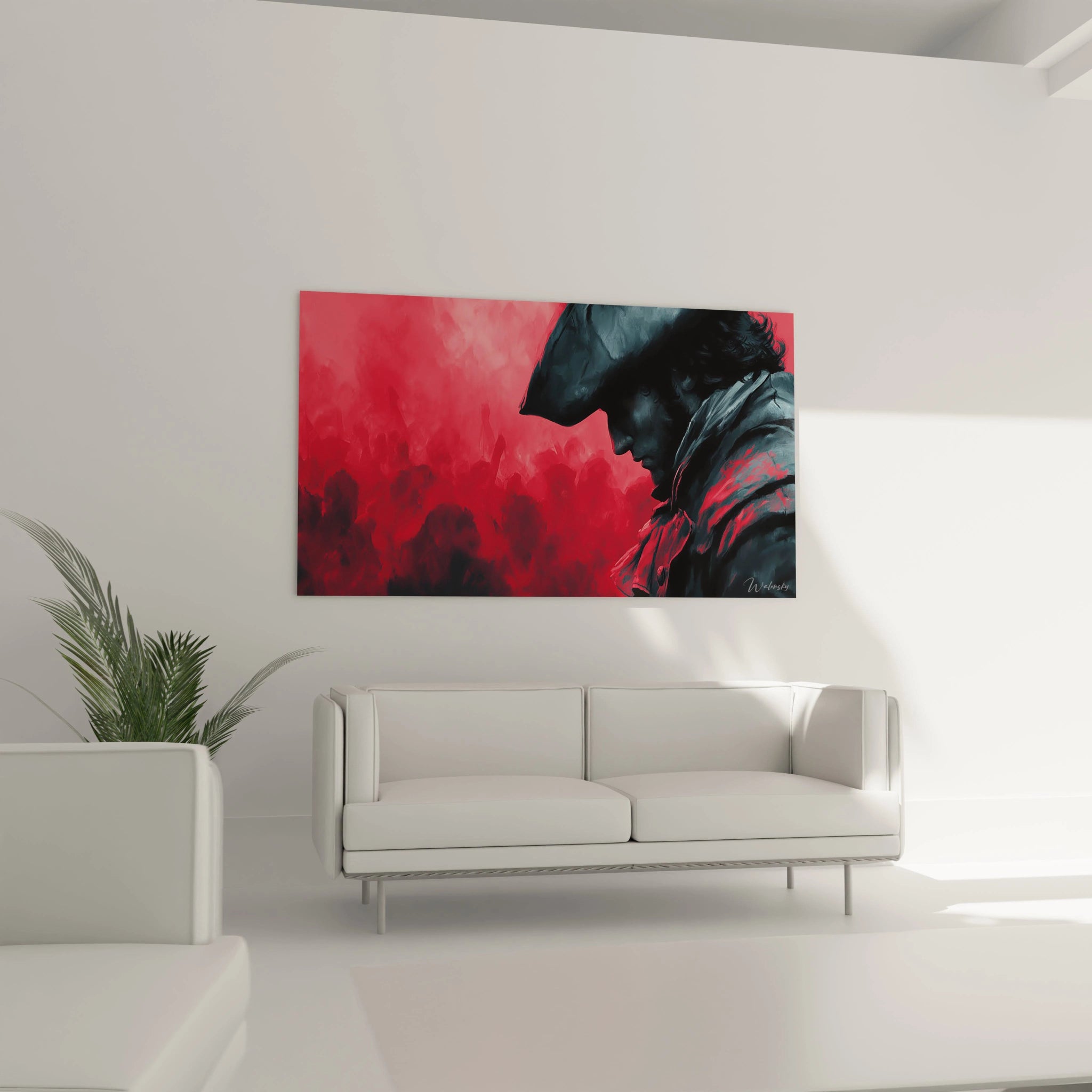 tableau révolution française Walensky montrant un soldat en profil sur fond rouge accroché au mur du salon