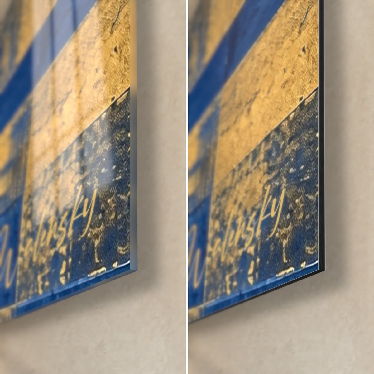 Schilderij nachtelijke baai in marineblauw en goud, rechteronderhoek: glanzend acrylglas links, mat Dibond-aluminium rechts, rand van 3 mm