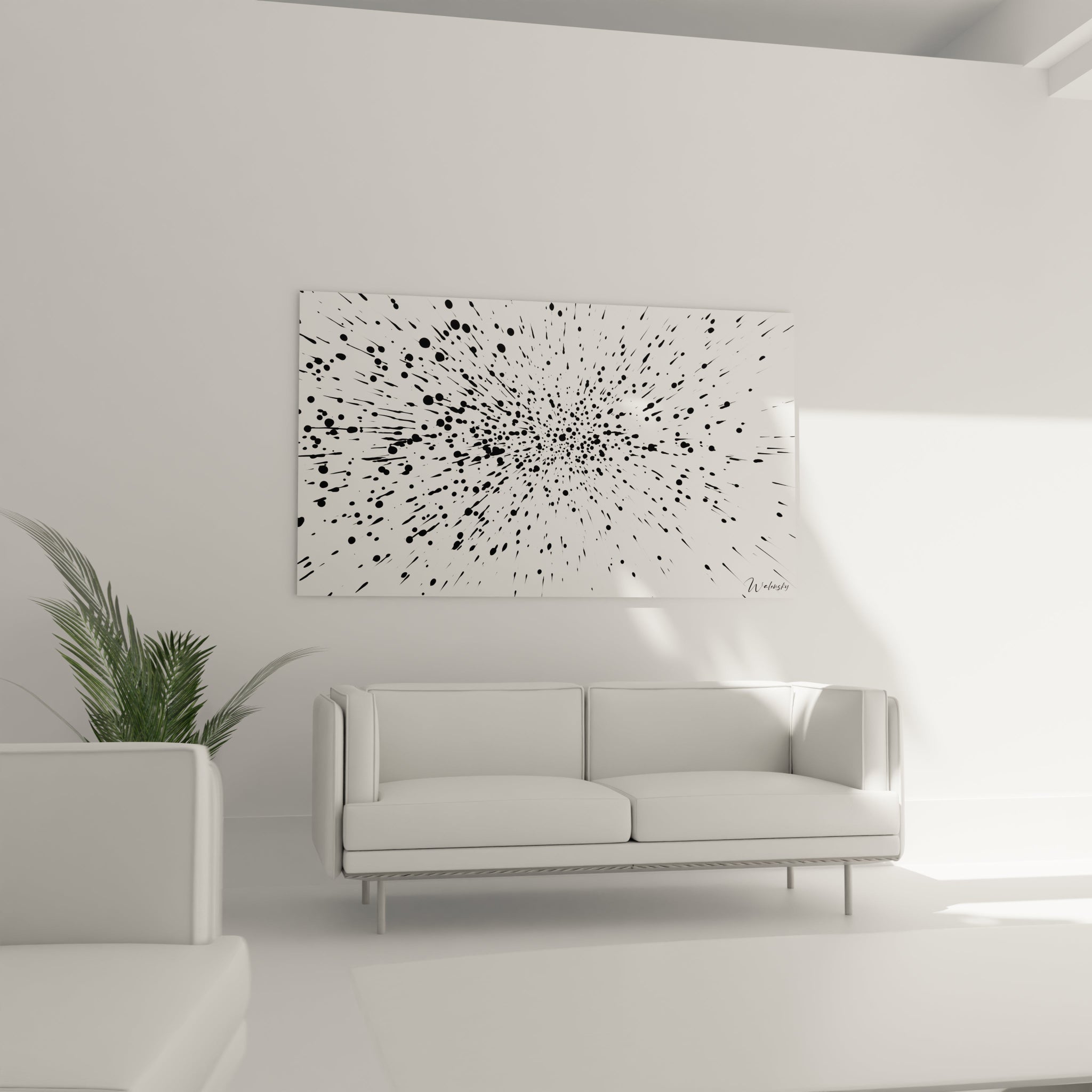 Tableau tacheté noir et blanc Walensky accroché au mur d'un salon moderne