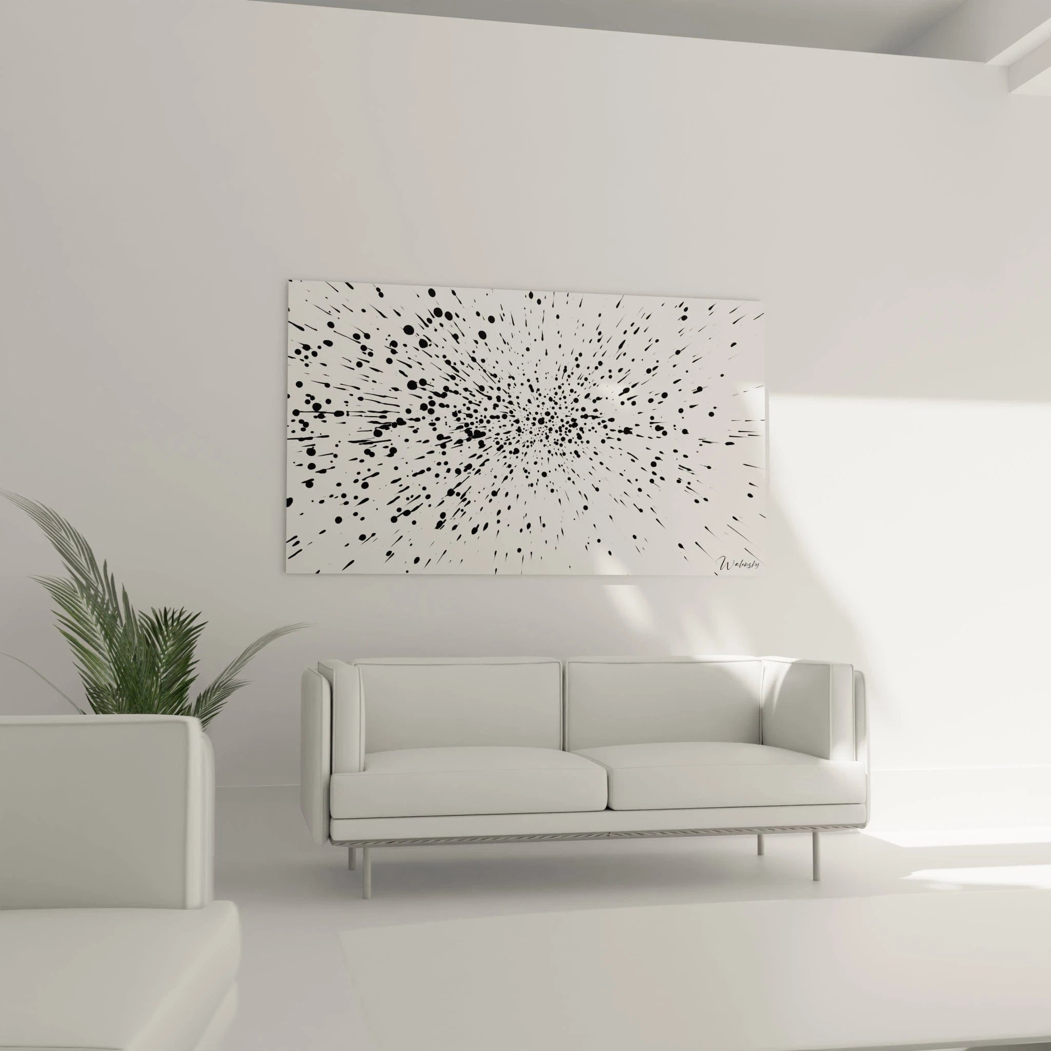 Tableau tacheté noir et blanc Walensky accroché au mur d'un salon moderne