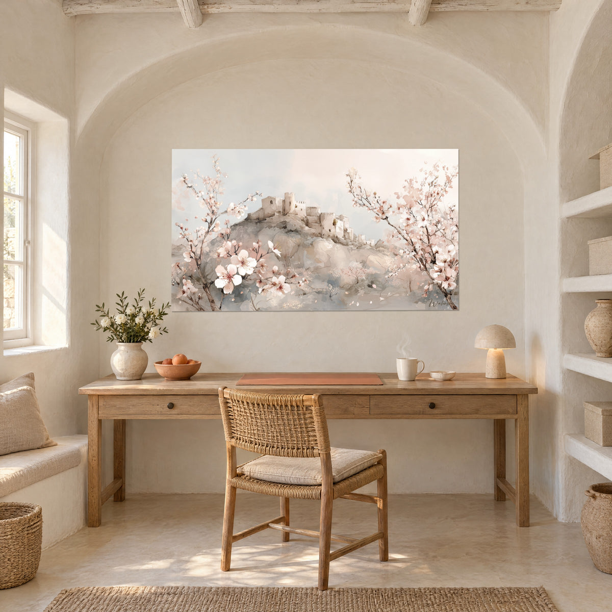 Gemälde mittelalterliche Ruinen und Kirschblütenzweige, Rosa- und Sandbeige-Töne, über einem Schreibtisch aus hellem Holz