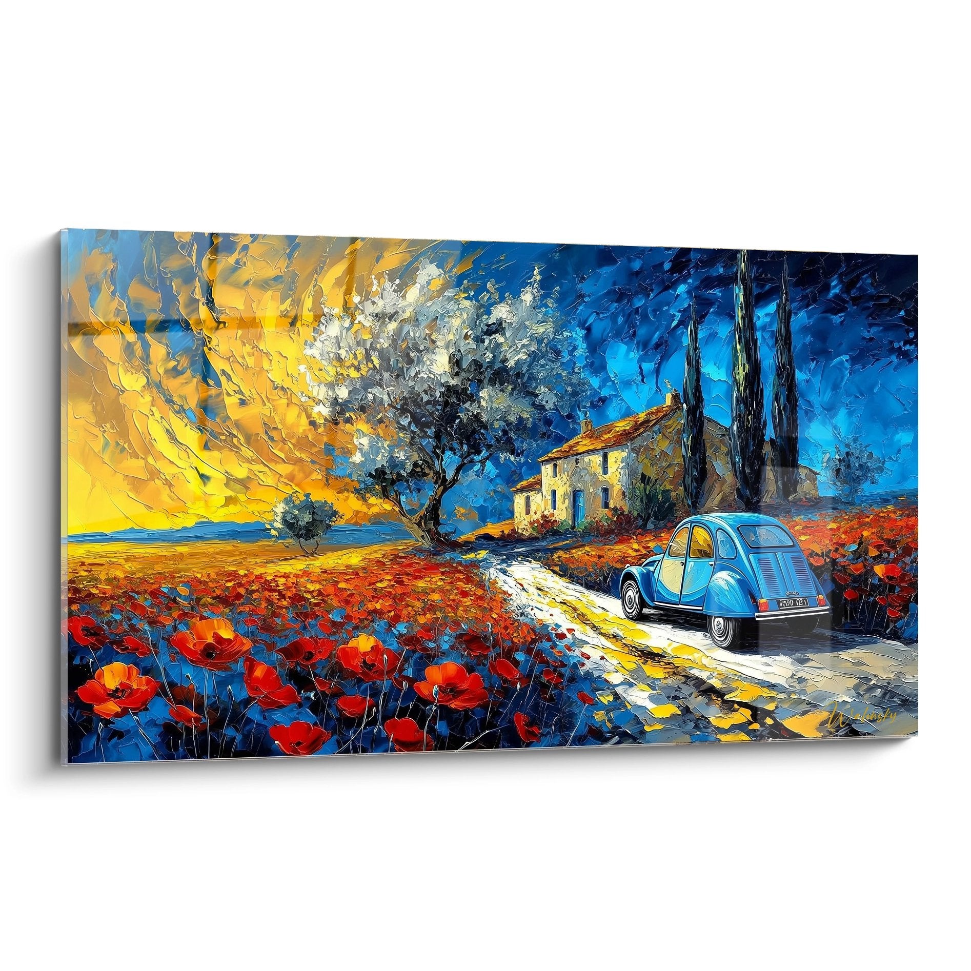 Quadro Provenza strada papaveri Citroën 2cv blu casa ocra cipressi cielo dorato pittura impressionista