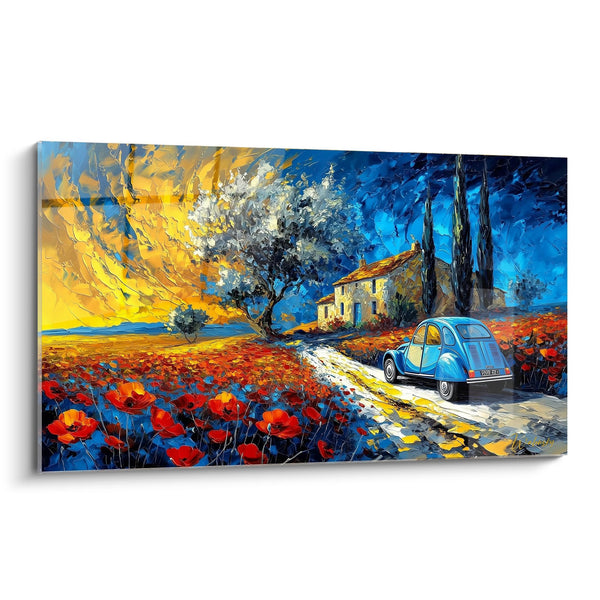 Cuadro Ruta de la Provenza con Citroën Azul y Campo de Flores Rojas - Escapada Mediterránea - Edición Amapola