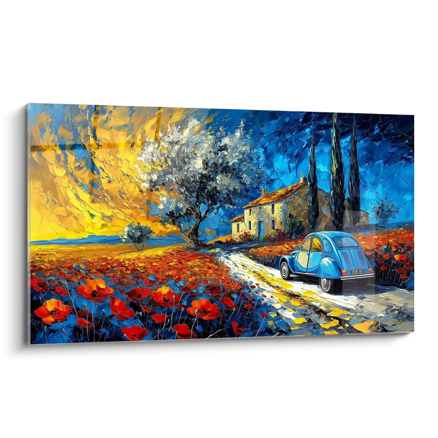 Tableau Route de Provence avec Citroën Bleue et Champ de Fleurs Rouges - Échappée Méditerranéenne - Edition Coquelicot