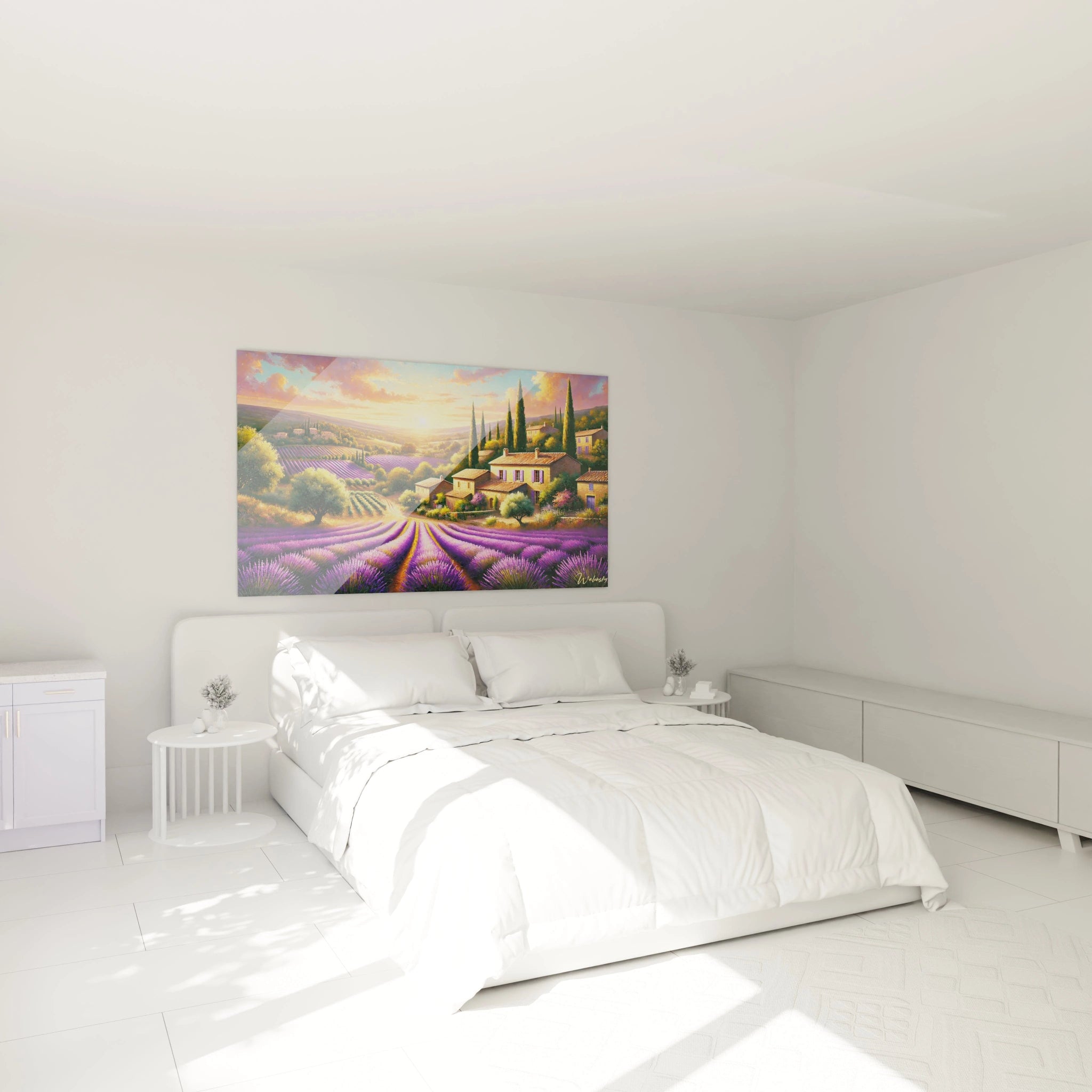 tableau France accroché au mur dans une chambre atmosphère apaisante champs de lavande maisons en pierre sous un ciel doré une œuvre qui invite à la sérénité et au repos

