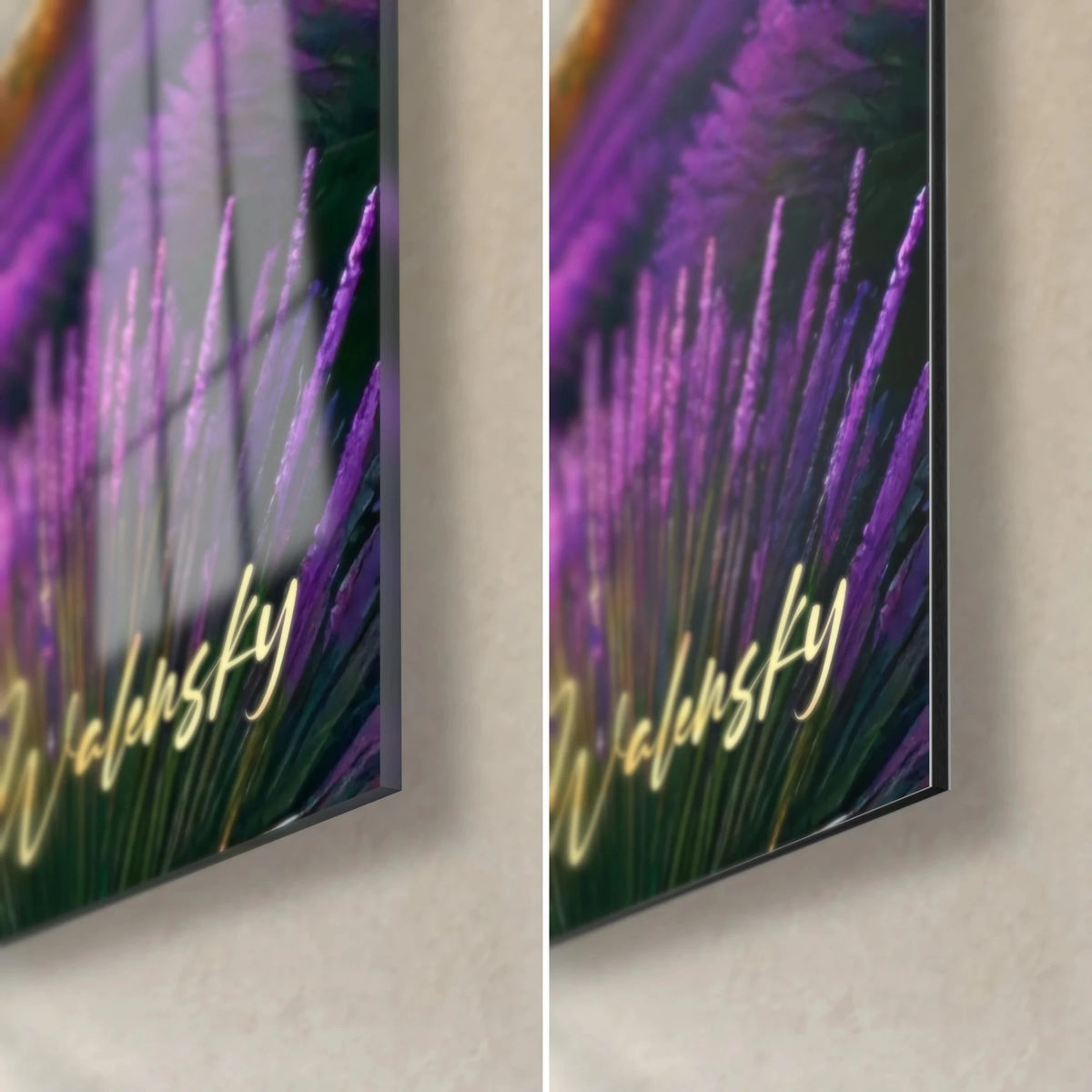 Tableau lavande en fleur, épis violets sur fond vert, coin bas droit : verre acrylique brillant reflétant, Dibond mat, tranche 3 mm