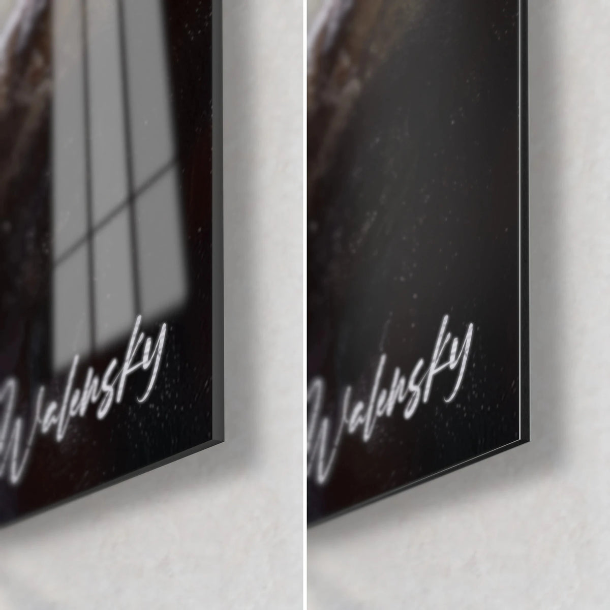 Gemälde purpurne Pflaume mit zartgrünem Blatt, untere rechte Ecke aus glänzendem Glas mit Reflexen und mattem Dibond-Aluminium, 3 mm Kante