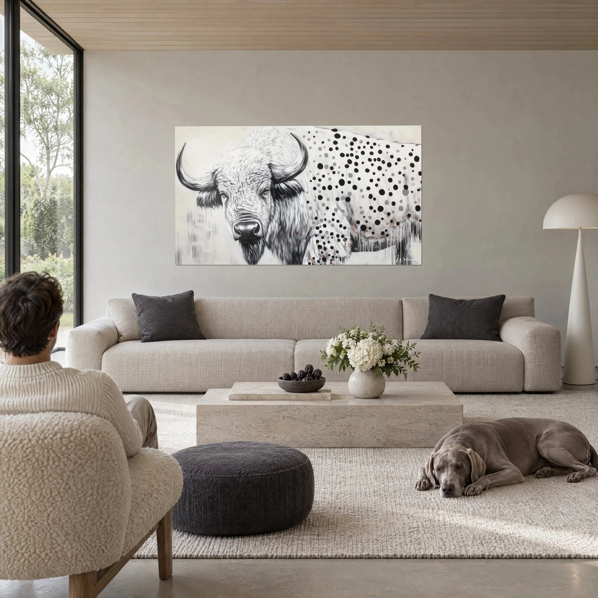 Gemälde Bison Weiß mit geschwungenen schwarzen Hörnern, schwarzen und grauen Punkten an der Flanke, cremefarbener Hintergrund, über einem Sofa in einem hellen Wohnzimmer