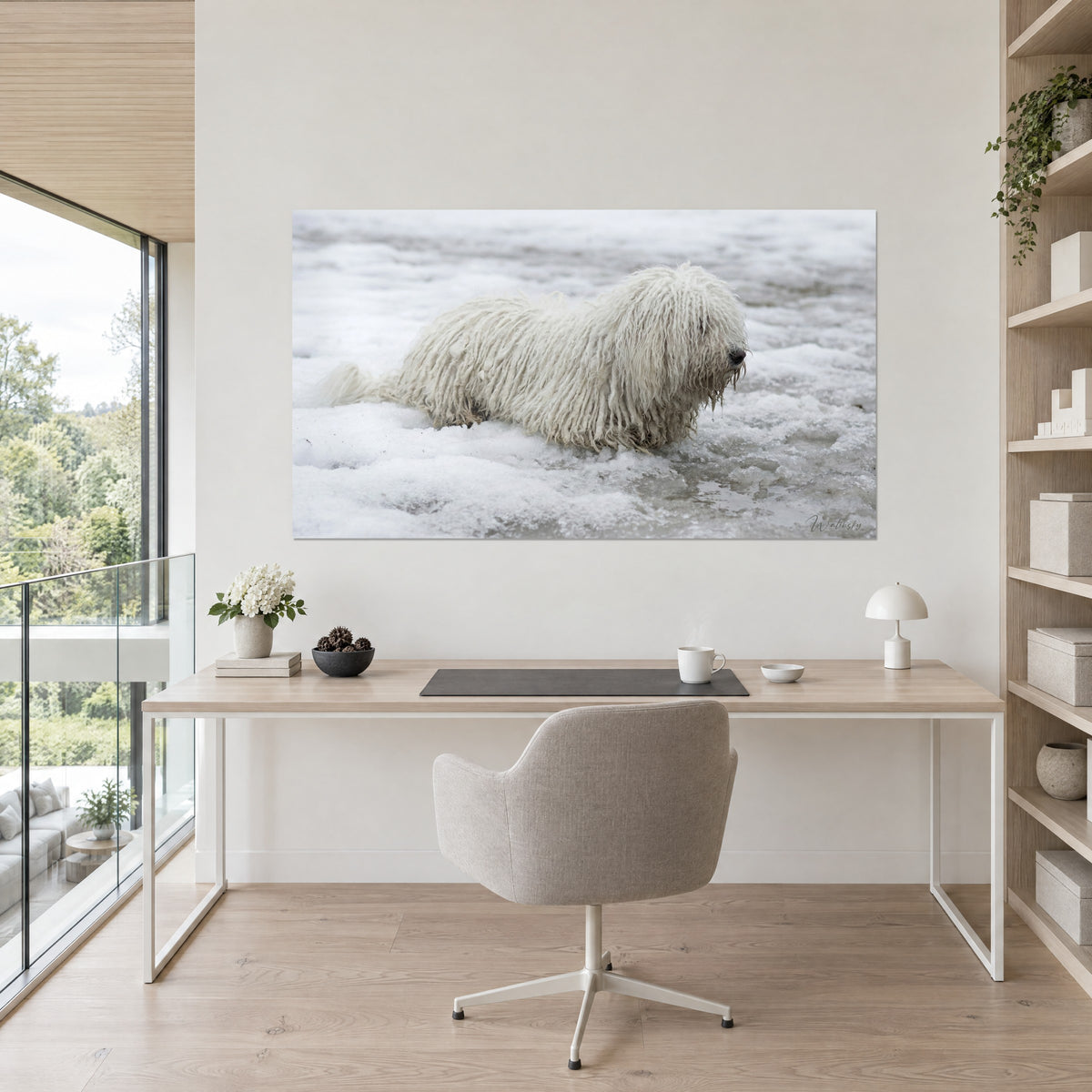 Quadro di un grande cane innevato dalle frange bianche e muso scuro sul ghiaccio grigiastro, parete crema, scrivania in legno chiaro e sedia beige