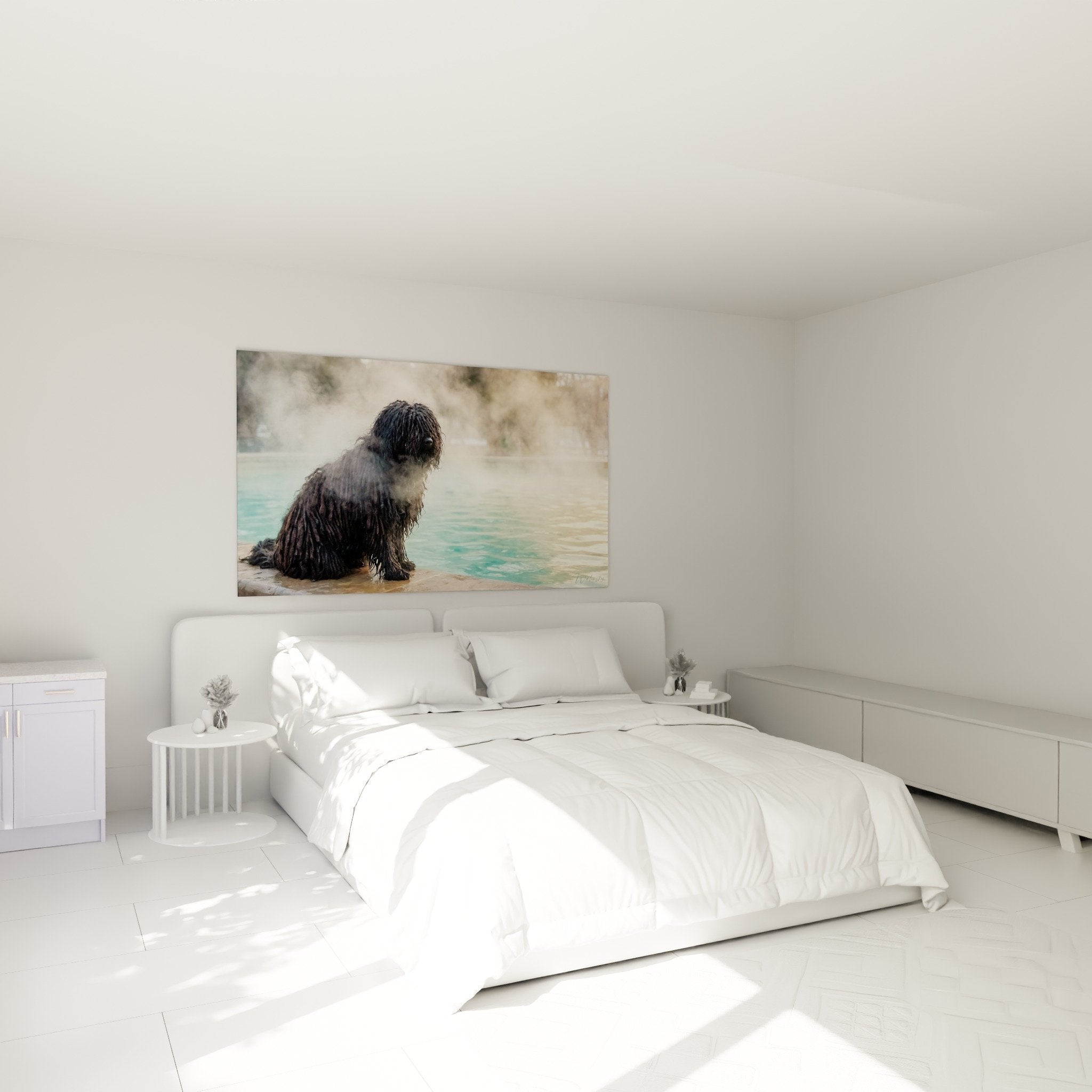 Tableau Puli piscine dans chambre moderne - décoration murale chien poils bouclés ambiance zen
