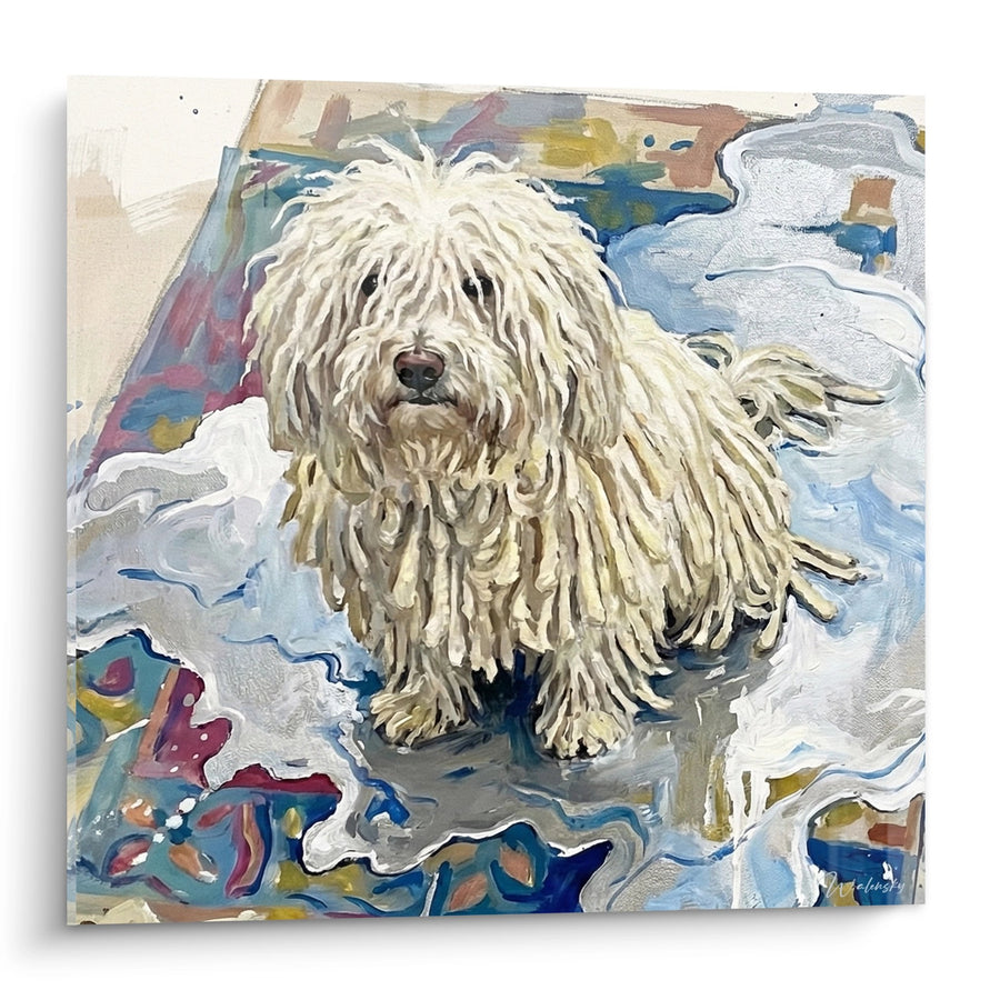 Tableau Chien aux Poils Longs sur Fond Abstrait Coloré - Harmonie Artistique - Edition Puli