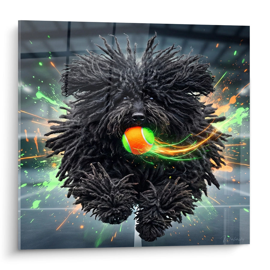 Tableau Chien aux Dreadlocks Noires avec Balle Lumineuse - Énergie Explosive - Edition Puli
