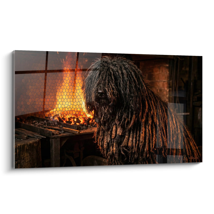 Tableau Chien aux Longs Dreadlocks près du Feu - Chaleur d'Intérieur - Edition Puli