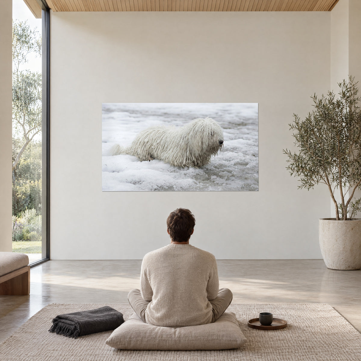 Quadro di un puli color crema che cammina sul ghiaccio grigio, ciocche fluenti, uomo seduto a gambe incrociate di spalle, ulivo in vaso